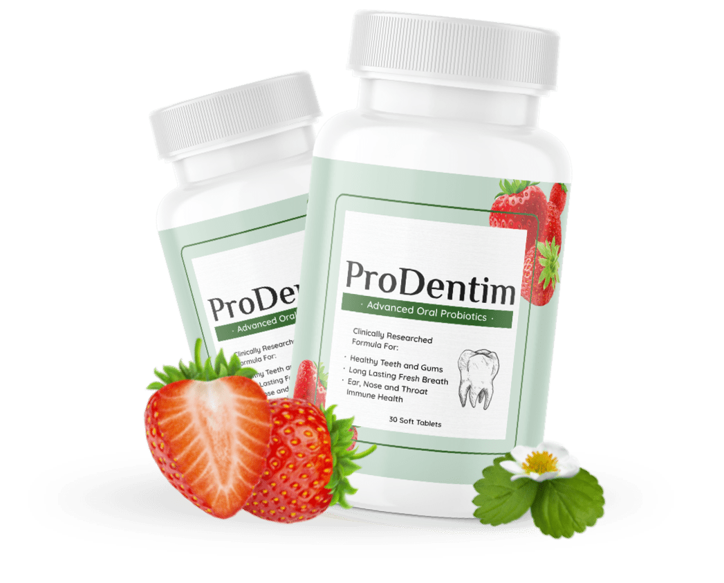 ProDentim oral probiotic supplement bottle with mint and strawberry
